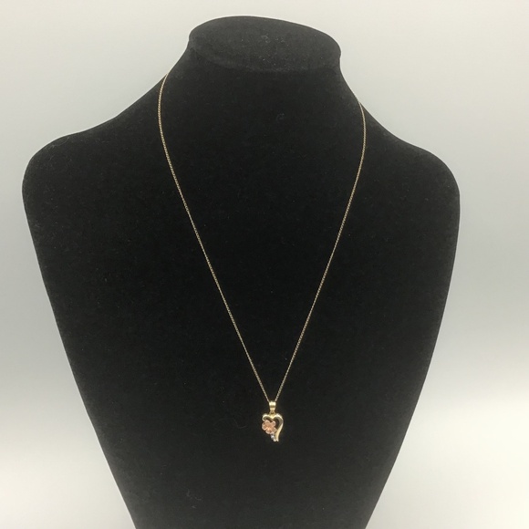 14k Solid Bicolor Yellow/ White Gold Pink Flower and Heart Pendant w Chain - Picture 1 of 10